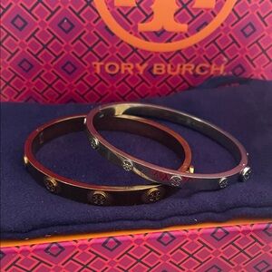 Tory Burch Black and Silver Logo Bangles